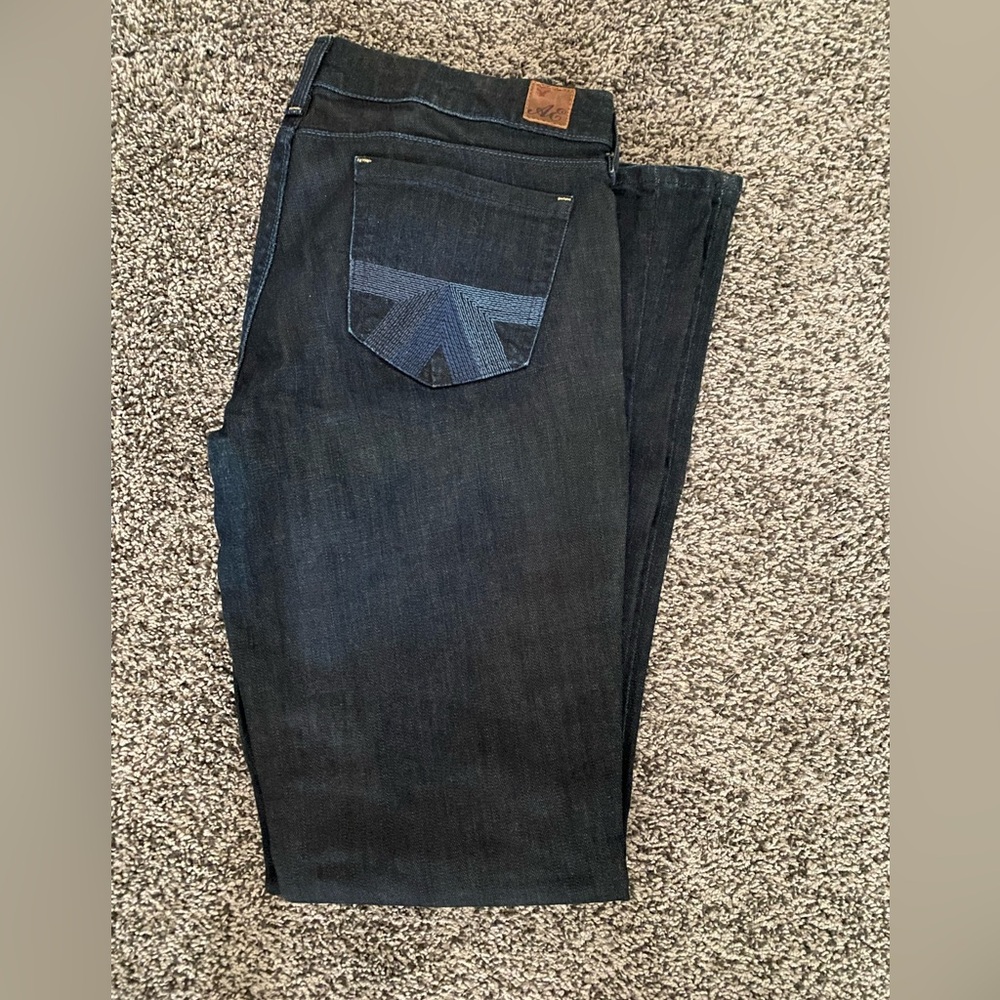 American Eagle Jeans 8 Real Flare Leg Stretch Dark Blue Denim Embroidered Pkts